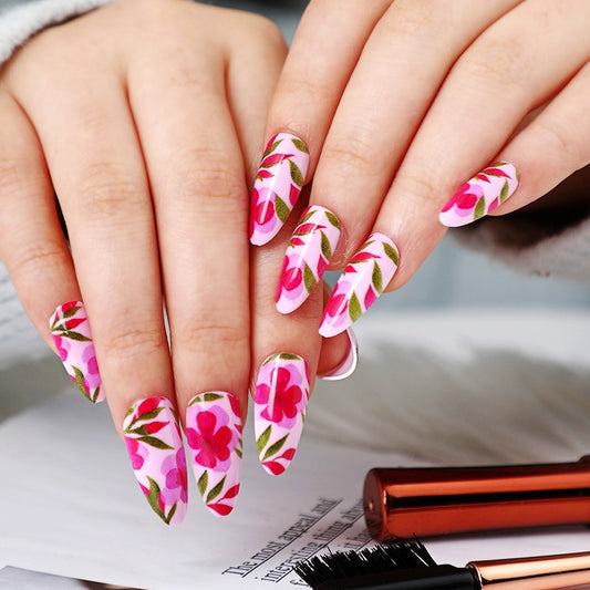 Tropical Paradise Long Almond Pink Floral Press On Nail Set with Green Leaf Accents