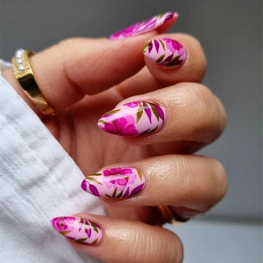 Floral Paradise Long Almond Pink Press On Nail Set with Vibrant Flower Design