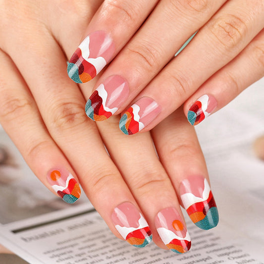 Bohemian Flair Short Round Multi-Color Abstract Art Press On Nail Set