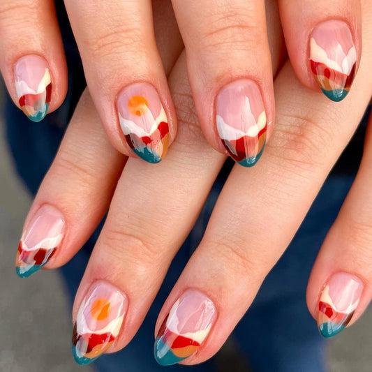 Abstract Art Short Length Almond Multicolor Press On Nail Set with Glossy Finish