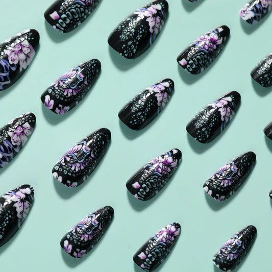 Enchanted Garden Medium Almond Black Press On Nails with Purple Floral Accent