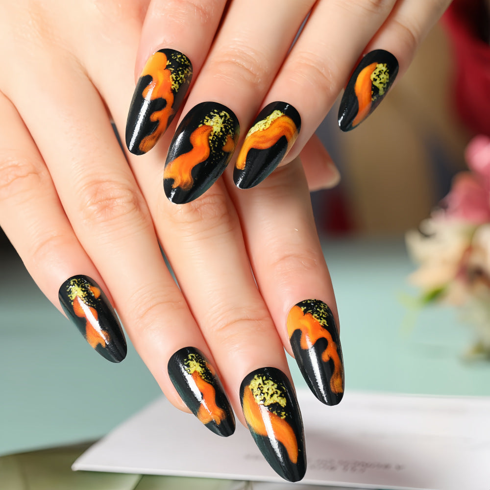 Blazing Flames Long Almond Black Orange Flame Accent Press On Nail Set