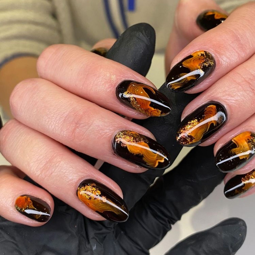 Autumn Ember Medium Oval Black with Amber Marble and Gold Flakes Press On Nail Set