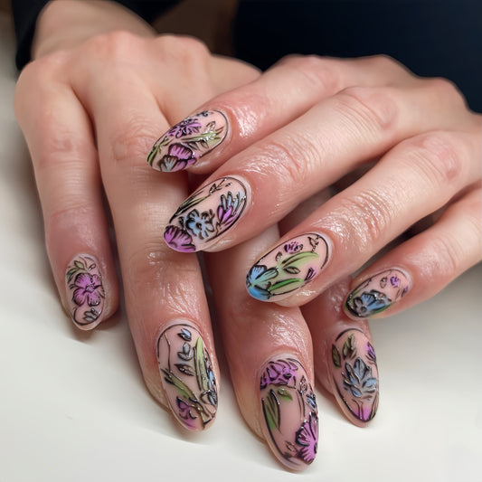 Enchanted Garden Medium Oval Multicolor Floral Artistry Press On Nail Set