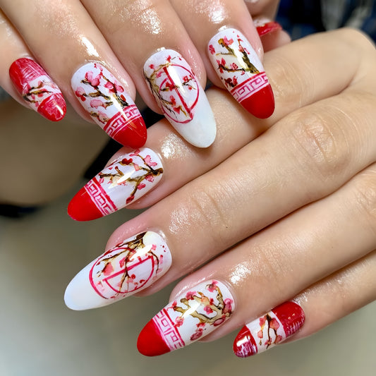 Blossom Red and White Long Almond Press On Nail Set with Gold Foil Detailing