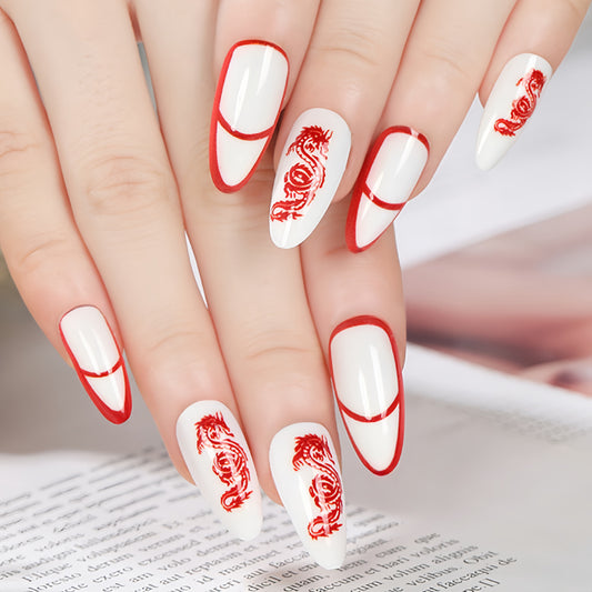 Mythic Dragon Medium Almond Press On Nail Set in White and Red with Intricate Embellishments