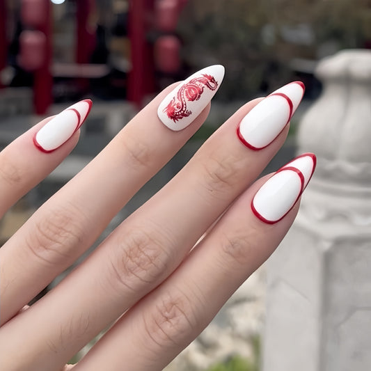 Oriental Charm Medium Stiletto Press On Nails in Classic Red and White with Dragon Art Detail