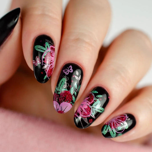 Floral Fantasy Long Almond Black and Pink Press On Nail Set with Glittery Accents