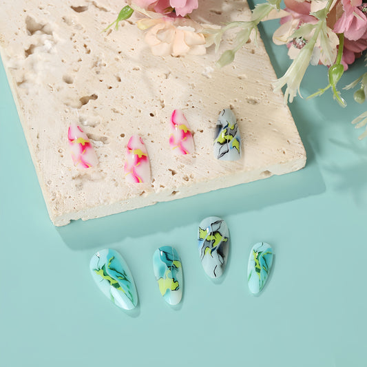 Floral Fantasy Long Almond Multi-Colored Press On Nail Set with Artistic Marble Designs