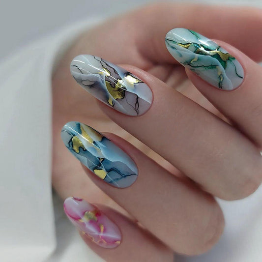 Marble Oasis Long Almond Blue and White with Gold Accents Press On Nail Set