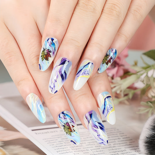 Floral Serenity Long Almond Shaped Blue and White Marble Press On Nail Set with Hand-Painted Leaf Design