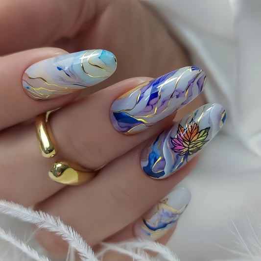 Autumn Dream Long Almond Blue and Purple Marble Press On Nail Set with Gold Accents and Leaf Design