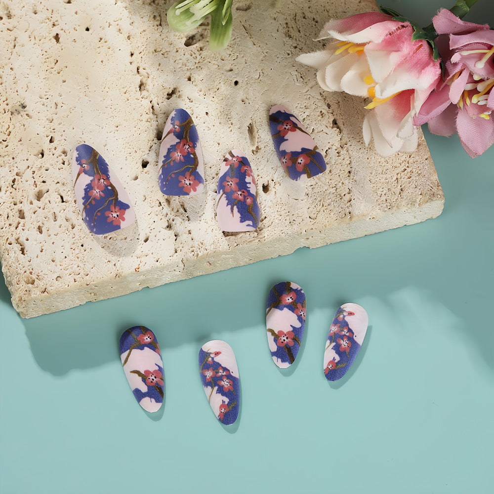 Blossoming Garden Long Almond Blue and Pink Floral Art Press On Nail Set