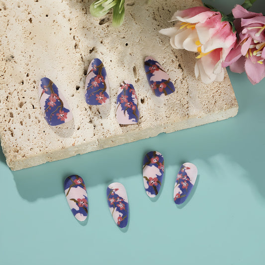 Blossoming Garden Long Almond Blue and Pink Floral Art Press On Nail Set