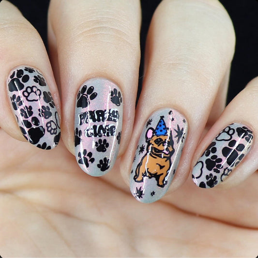 Paw Party Medium Oval Pink Sparkle Press On Nail Set with Adorable Dog and Paw Prints Design