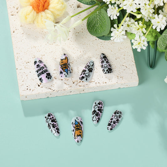 Whimsical Pet Party Long Almond Glossy Blue Press On Nail Set Featuring Adorable Dog and Paw Prints Design