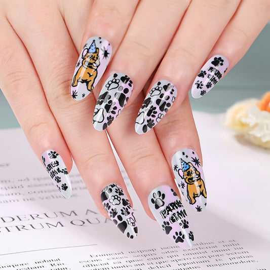Pawtastic Celebration Long Almond Press On Nails in Pastel Pink and Gray with Whimsical Dog Prints