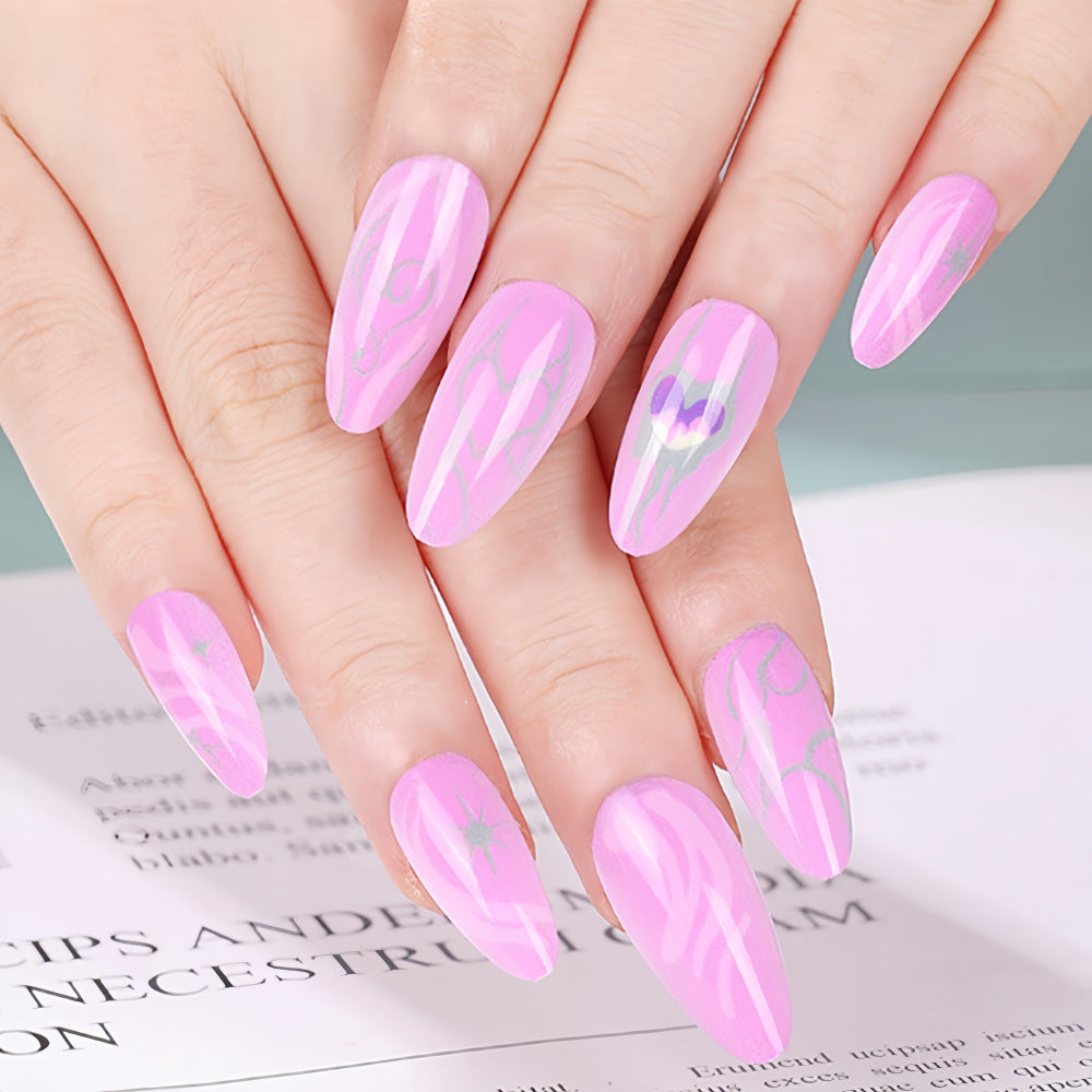 Dreamy Pastel Pink Long Almond Press On Nail Set with Chic Silver Swirls
