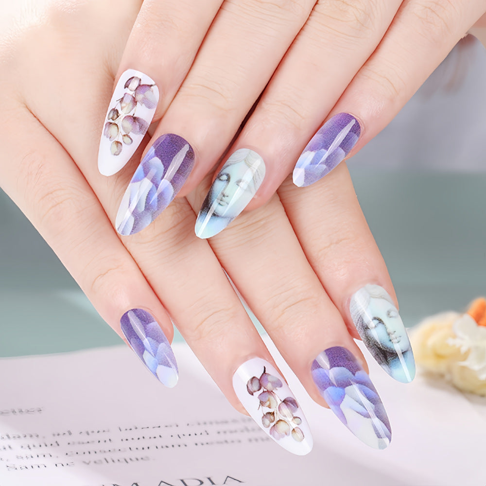Mystical Garden Long Almond Purple Floral Press On Nail Set with Artistic Elegance