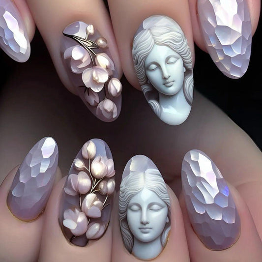 Goddess Inspired Long Almond Lavender Press On Nail Set with 3D Floral and Sculpted Face Design