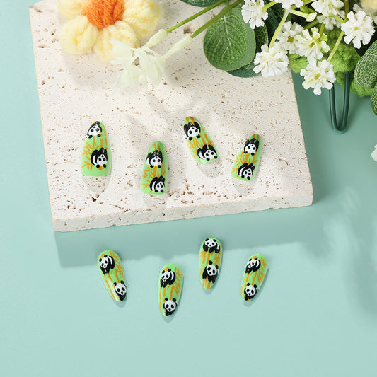 Panda Paradise Green Almond Press On Long Nail Set with Playful Panda Designs