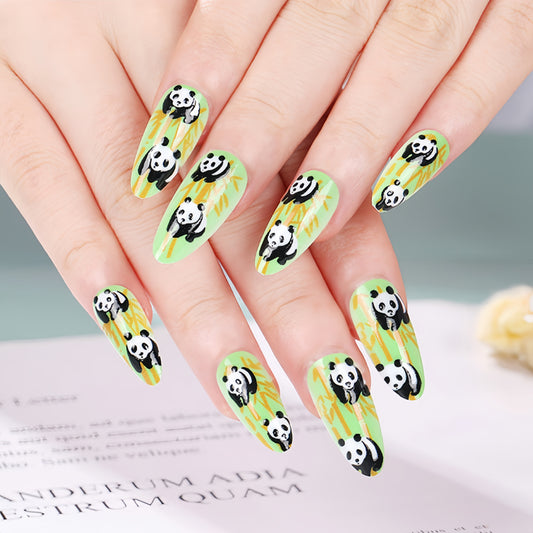 Panda Paradise Long Almond Green Press On Nail Set Featuring Playful Panda Designs