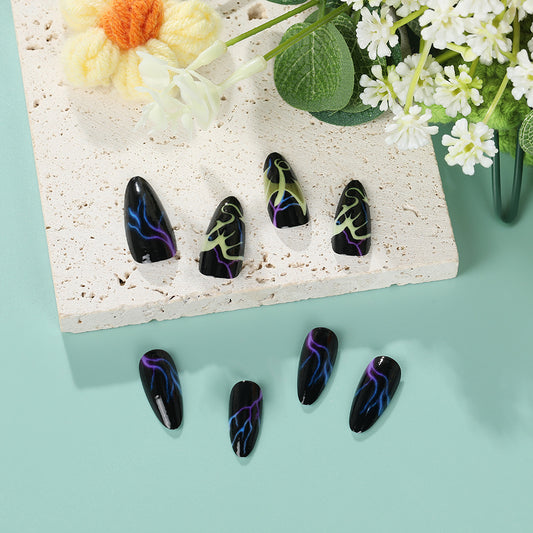 Electric Storm Long Almond Black and Neon Green Press On Nail Set with Lightning Designs