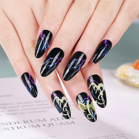 Electric Dream Long Almond Black Nails with Multicolored Lightning Design