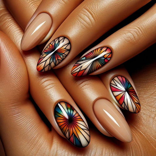Nails with colorful abstract designs on a brown background