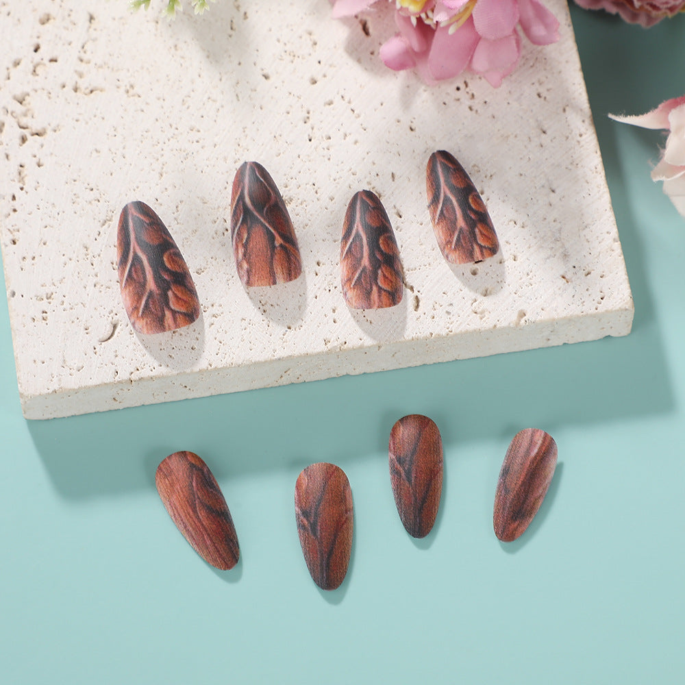 Woodland Dreams Short Almond Brown Press On Nails with Intricate Leaf Patterns