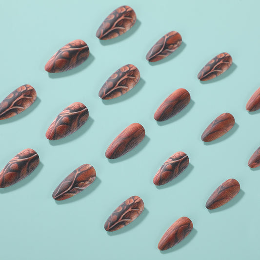 Bamboo Forest Short Almond Brown Press on Nail Set with Nature-Inspired Textured Finish