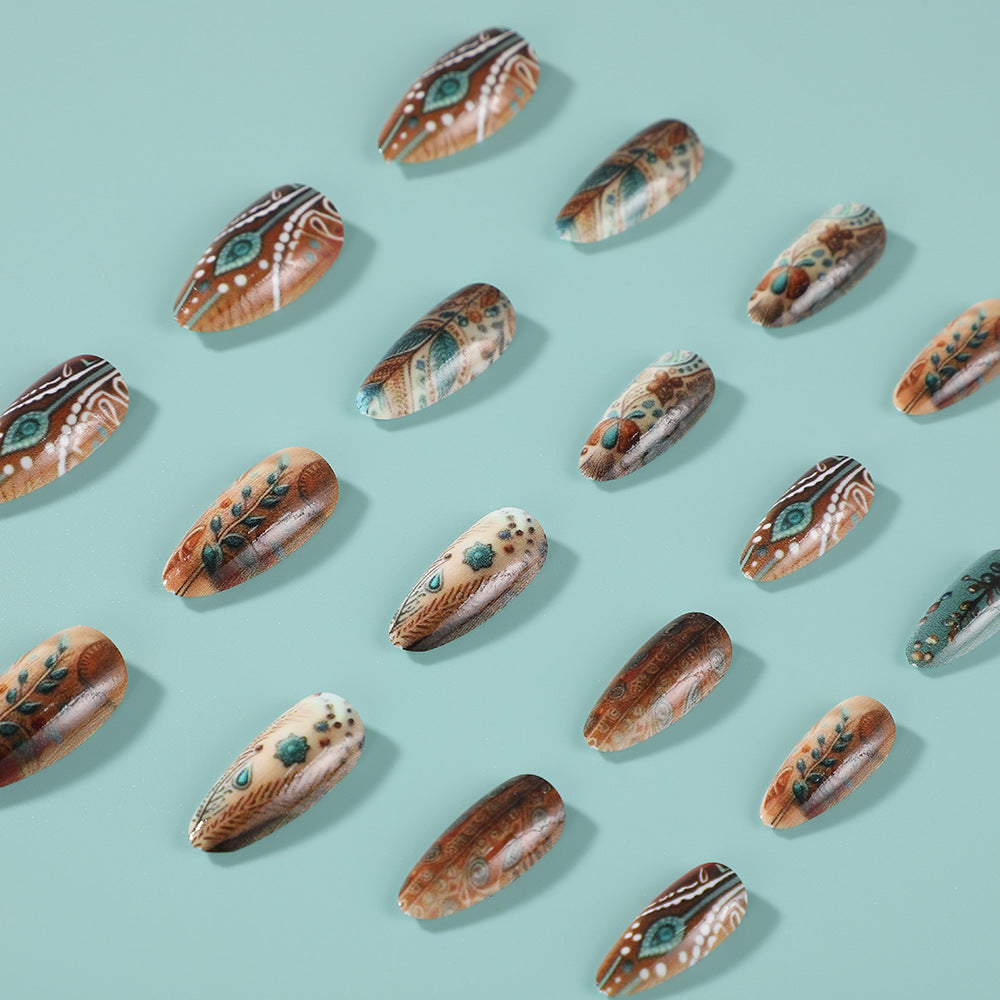 Bohemian Elegance Lengthy Short Almond Shape Earthy Brown and Teal Vibrant Textured Press On Nail Set