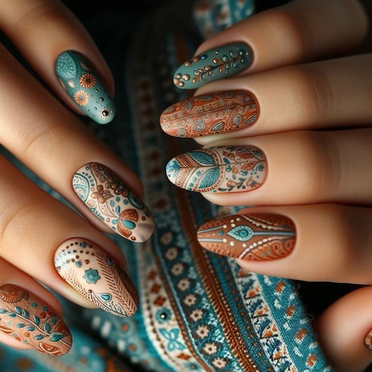 Bohemian Charm Short Almond Green and Brown Press on Nail Set with Intricate Patterns and Textured Accent Details