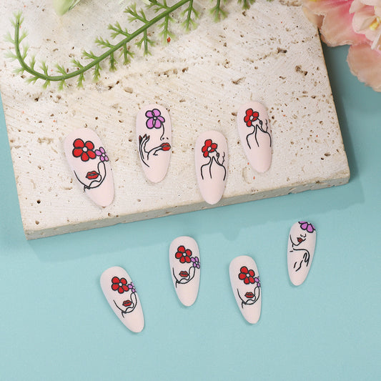 Flower Power Elegant Medium Almond Pink Press On Nail Set Featuring Whimsical Floral Illustrations