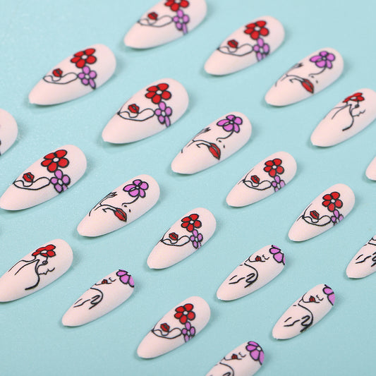 Floral Dreamscape Medium Almond White Press On Nail Set with Vibrant Hand-Drawn Flower Designs