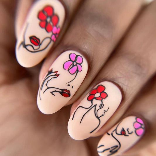 Floral Elegance Soft Medium Oval Pastel Beige with Artistic Face and Flower Designs Press On Nail Set