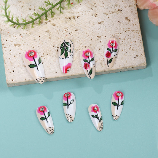 Garden Bliss Elegant Medium Almond-Shaped White and Pink Floral Nail Set with Unique Three-Dimensional Design