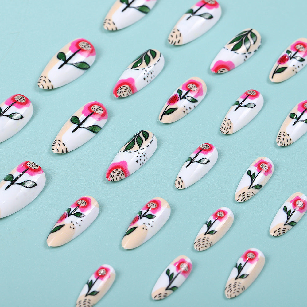 Floral Dreamland Artistic Medium Almond Shaped White and Pink Press On Nail Set with Hand-Painted Flower Design