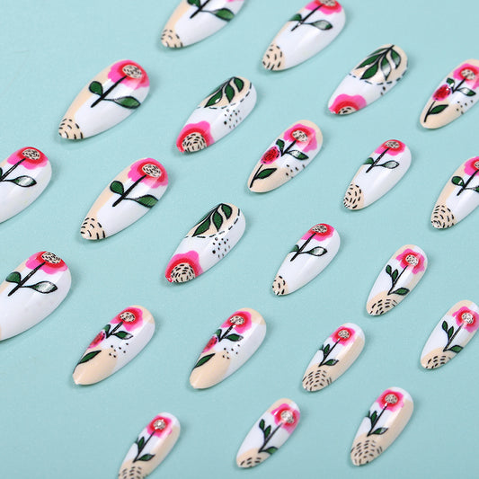 Floral Dreamland Artistic Medium Almond Shaped White and Pink Press On Nail Set with Hand-Painted Flower Design