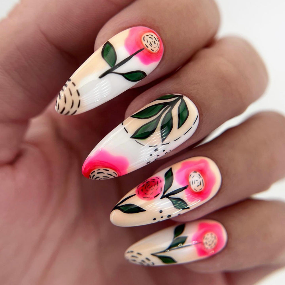 Floral Elegance Long Almond Pink Floral Design with Leaf Accents Press on Nail Set