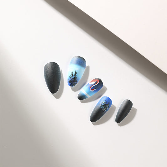 Serene Nights Lengthy Short Almond Shaped Dark Gray Nails with Unique Botanical Designs