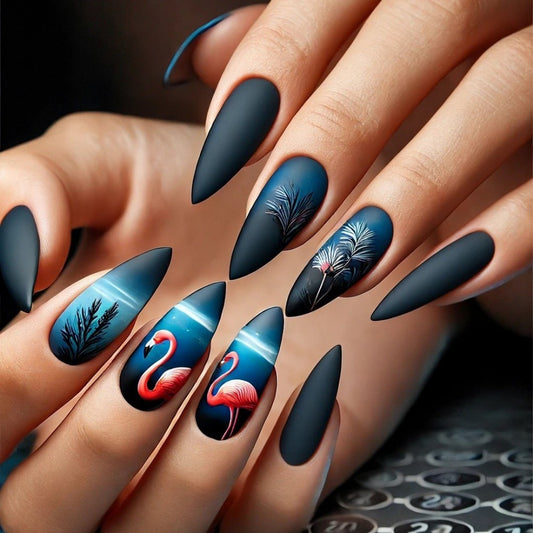 Tropical Dream Matte Medium Stiletto Black Flamingo Nail Set with Intricate Seascape Design