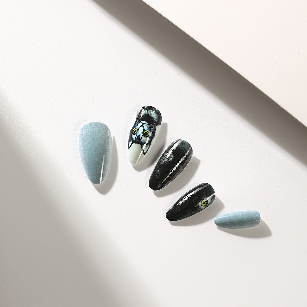 Mystical Forest Inspired Medium Almond Shape Black and Blue Gradient Press on Nail Set with Unique Artistic Cat Design