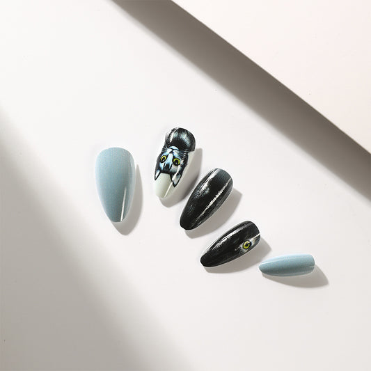 Mystical Forest Inspired Medium Almond Shape Black and Blue Gradient Press on Nail Set with Unique Artistic Cat Design