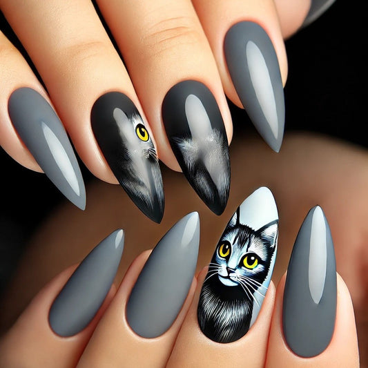 Mystical Cat Theme Medium Almond Grey Press On Nail Set with Unique Cat Print Design