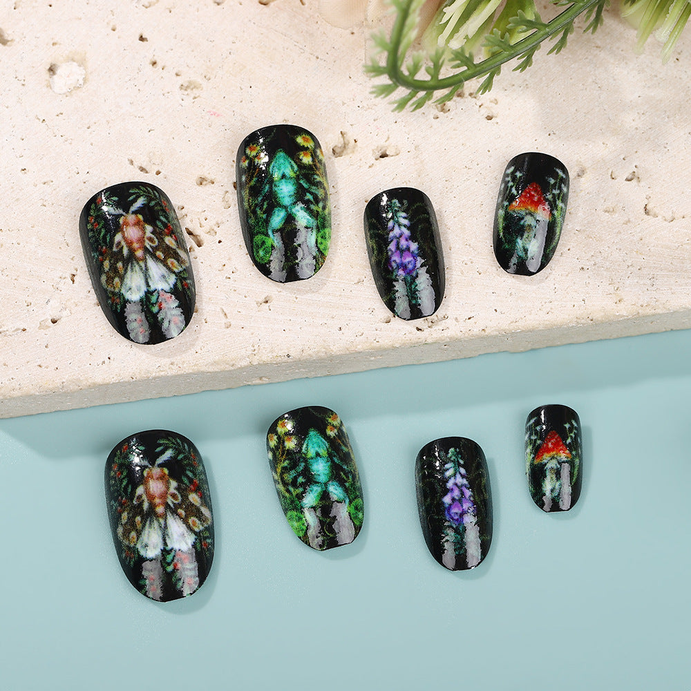 Mystical Garden All Length Short Oval Black with Vibrant Artistic Insect Print Press-On Nail Set