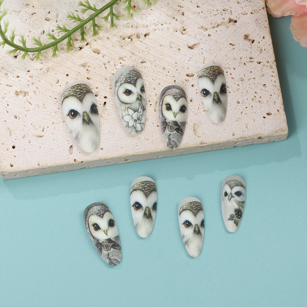 Whimsical Owl Inspiration Long Almond Light Gray Artful Nail Set