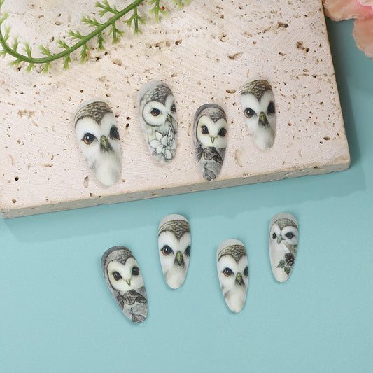 Whimsical Owl Inspiration Long Almond Light Gray Artful Nail Set