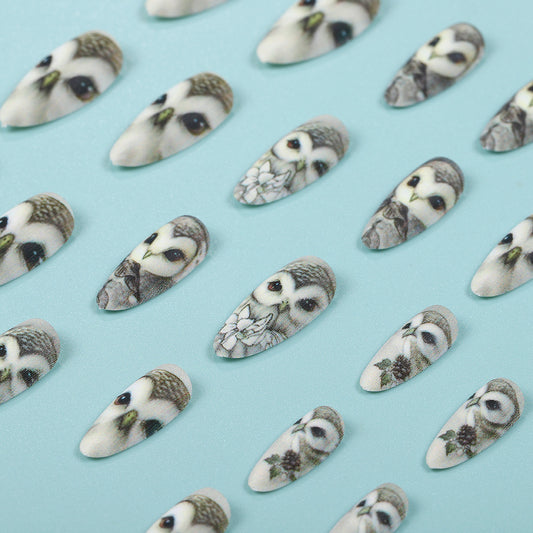 Whimsical Moonlit Owls Elegant Short Almond Shaped Gray Press On Nail Set with Stunning Owl and Floral Designs