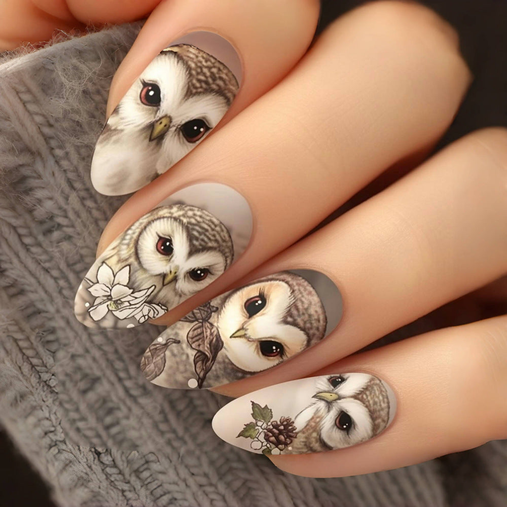 Whimsical Owl Dream Press on Nail Set Long Almond Shape Soft Gray with Artistic Bird and Floral Design
